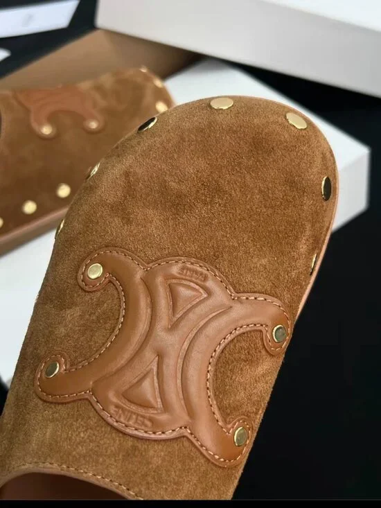 CELINE Brown Suede Studs Slide Mules - Picture 4 of 8